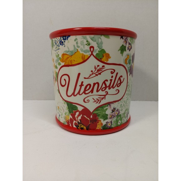 The Pioneer Woman Other - Pioneer Woman Country Garden Utensil Crock 6.5" Stoneware Floral Red Trim New